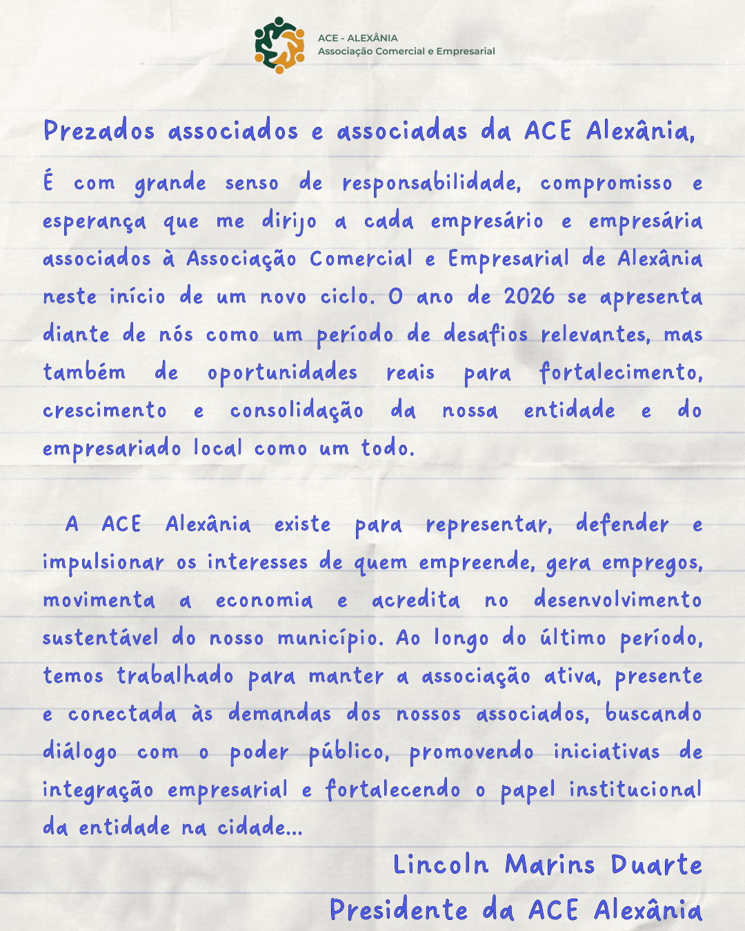 CARTA DO PRESIDENTE DA ACE ALEXÂNIA DESTACA UNIÃO E FORTALECIMENTO INSTITUCIONAL PARA 2026